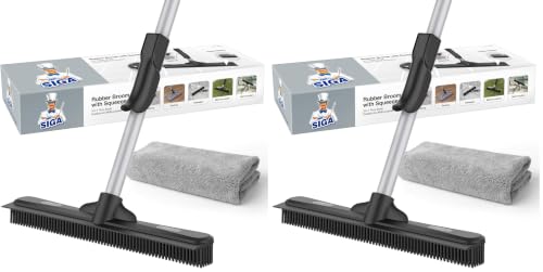 Image of MR.SIGA Pet Hair Removal Rubber Broom with Built in Squeegee, 3 in 1 Floor Brush for Carpet, 61 inch Adjustable Handle, Includes 1 Microfiber Cloth for Floor Dusting (Pack of 2)
