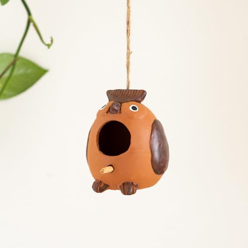 Image of ExclusiveLane 'Observant Owl' Terracotta Bird House for Garden Hanging & Balcony| Handmade & Handpainted Bird House for Sparrow Garden Decoration Items Outdoor (5.3 Inch, Brown)
