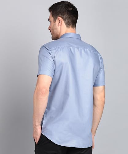 Image of MILDIN Men's Cotton Blend Solid Shirt with Spread Collared Half Sleeve Curved Hemline Button Closure Regular Fit and One Pocket | Half Sleeve Shirt for Men