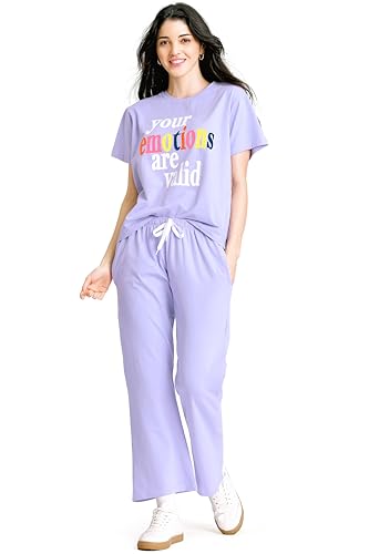 Image of ZEYO Night Suit for Women's Typography Printed Cotton Night Dress of Top and Wide Bottom Pyjama