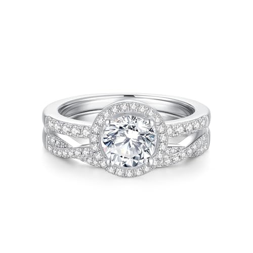 Moissanite Engagement Ring Set For Women - Asscher Cut 18K White Gold Plated Sterling Silver - View #4