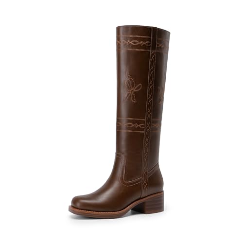 DREAM PAIRS Women's Knee High Boots Pull-on Tall Shaft with Western Stitching Vintage Style Comfortable Square Toe Boots for Women,Size 8,Dark Brown,SDKB26006W