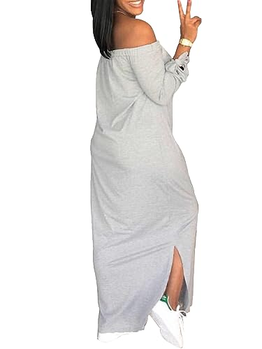 Image of Women's Casual Off Shoulder Maxi Dress - African Print Summer Loose Long Sleeve Tunic T Shirt Dresses with Pockets