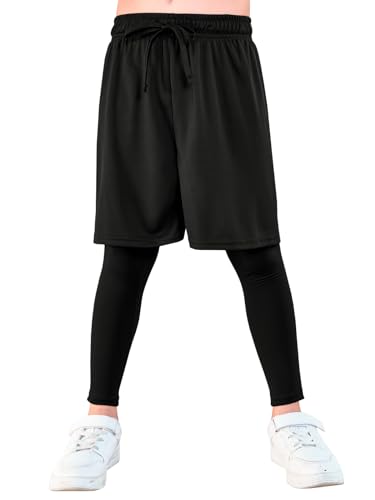 Haloumoning Boys Sports Leggings with Shorts Kids 2 in 1 Running Workout Athletic Legging Pants 5-14 Years3