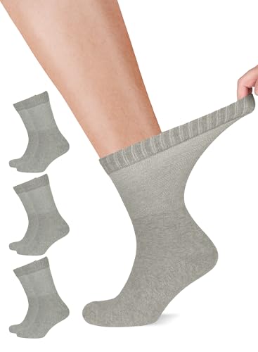 LAETAN Mens Cotton Diabetic Crew Socks | Wide & Loose-Fit Seamless Non-Binding for Edema & Neuropathy | Color: Light Gray | Size: Large (US: 8-11) | 3 Pairs