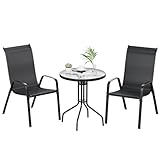 LIFERUN 3-teiliges Balkonmöbel Set 3pcs Bistroset Klein Gartenmöbel-Set mit Terassentisch Rund (Gehärtetes Glas) + 2 Stapelbare Hochlehner (Textilene & Metall) Für Terrasse Balkon Garten Restaurants