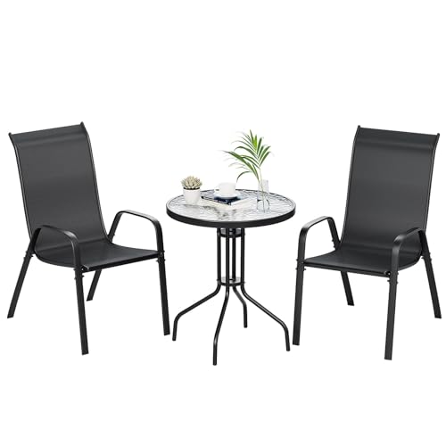 LIFERUN 3-teiliges Balkonmöbel Set 3pcs Bistroset Klein Gartenmöbel-Set mit Terassentisch Rund (Gehärtetes Glas) + 2 Stapelbare Hochlehner (Textilene & Metall) Für Terrasse Balkon Garten Restaurants