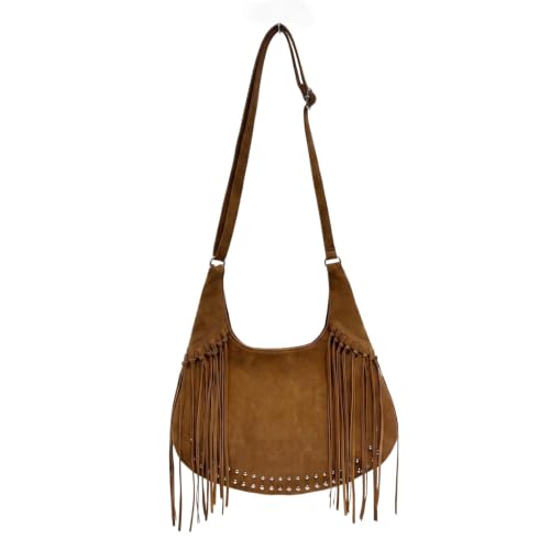 Image of Women Vintage Suede Fringe Hobo Bag Tote Shoulder Bag Crossbody Bag and Hippie Western Cowgirl Purse Shoulder Bag
