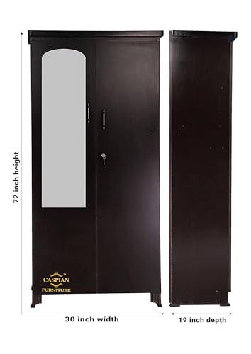 Image of CASPIAN 2-Door Wardrobe (17mm Thick Shelf's) Coffee Black | Pre-Assembled Almirah with Mirror, Hanging Space, 4 Shelves, 2 Drawers & Secure Locker | Durable Engineered Wood Clothes Storage Cupboard.