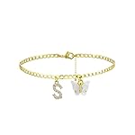 VIROMY 14K Gold Plated Dainty Butterfly Initial Ankle Bracelets Handmade Cuban Chain White Butterfly A-Z Alphabet Letter Initial Anklets Personalized Summer Beach Jewelry Gifts for Women