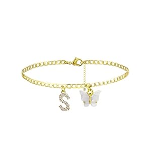VIROMY 14K Gold Plated Dainty Butterfly Initial Ankle Bracelets Handmade Cuban Chain White Butterfly A-Z Alphabet Letter Initial Anklets Personalized Summer Beach Jewelry Gifts for Women