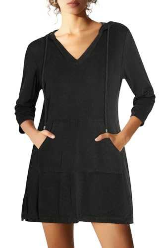 Pinup Fashion Terry Cloth Cover Up Black Coverups Swimwear Women SPF Swim Hooded Beach Coverup with Pocket