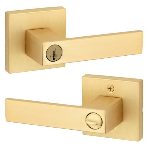 Image of Kwikset Singapore Entry Door Handle with Lock and Key, Secure Keyed Reversible Lever Exterior, for Front Entrance and Bedrooms, Satin Brass, Pick Resistant Smartkey Rekey Security