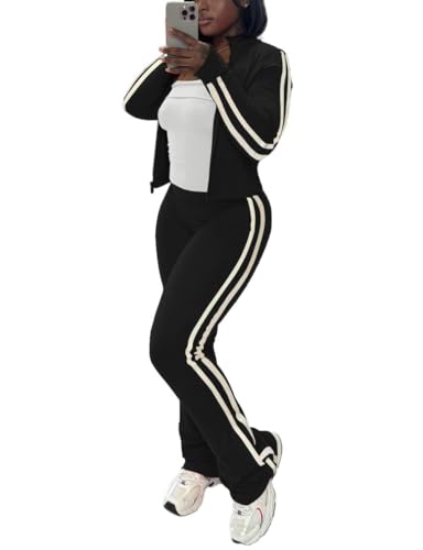 HBQ Women's 2 Piece Sweatsuit Sets Zip Up Crop Tops and Flare Pants Casual Striped Tracksuit Jogger Loungewear Set-Black-S