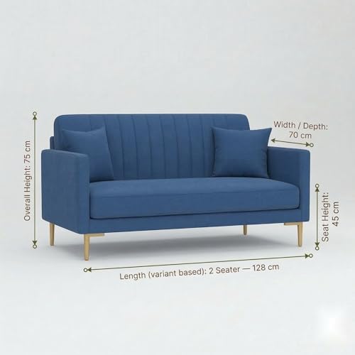 Image of Velum 3 Seater Sofa for Living Room & Office | Premium Fabric Upholstery | Solid Wood Frame | Comfortable Seating | 3 Years Warranty (Blue, 2 Seater Sofa)