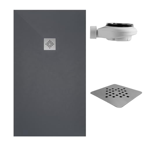 SOULBATH Plato de Ducha - Resina - Gel Coat - Textura Liso/Piedra - Antideslizante - Color Pizarra - 170x100- Extraplano 3cm. Incluye Válvula de desagüe - Standard