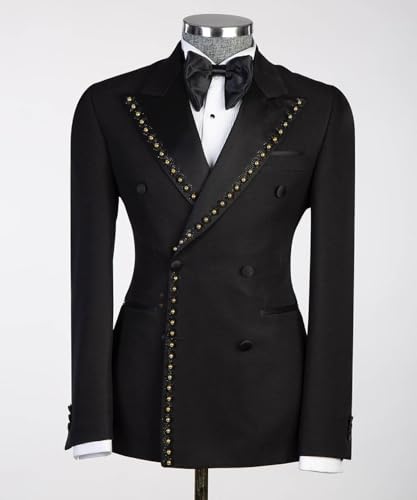 Men's Black Blazer with Gold Bead Embellishments Double Peaked Lapel Dual Vents4