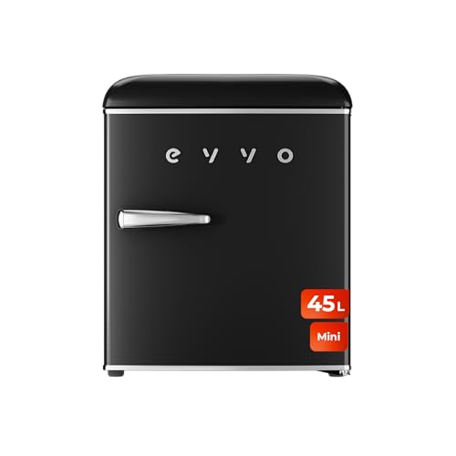 EVVO Mini Nevera Retro 45 Litros de Capacidad, Diseño Vintage, Bajo Consumo, Silenciosa, Control de Temperatura, Organizador de Espacios, Frigorífico Mini F20 Retro Color Negro