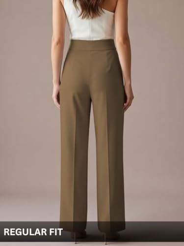 Image of GRECIILOOKS Korean Style Trousers | High Waist Wide Leg Formal Pants | Ankle Length Stretchable Office Wear | Button Closure Straight Fit | Regular Fit Pants for Women