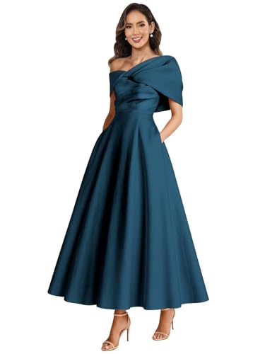 One Shoulder Mother of The Bride Dresses for Women Tea Length Satin Wedding Guest Dresses with Pockets