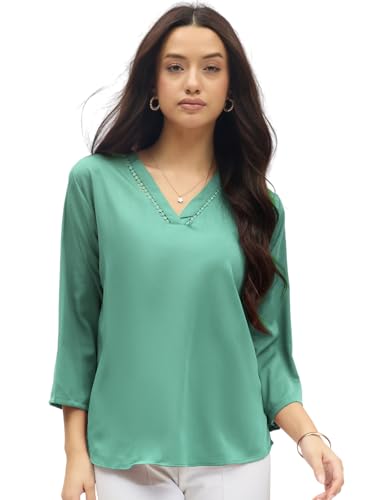 Image of SheWill Printed Top with Contrast Tipping - Stylish Ethnic & Western Tops for Women - Summer Travel Wear, Trendy Tops for Jeans, Lightweight & Comfortable Casual Wear