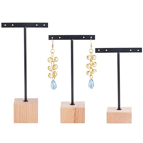FINGERINSPIRE 3 Pcs Black Metal T Bar Earring Display Stand with Wooden Square Base 4 Holes Earrings T Stand Hanging Earring Organizer for Store Retail Photography Props(12 & 14 & 16 cm Height)