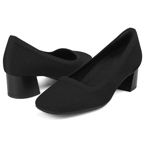 JENN ARDOR Low Chunky Heels Dress Shoes for Women Comfortable Knit Block Heeled Pumps Square Closed Toe Dressy Casual Wedding Party Prom Office Work Slip on Shoes