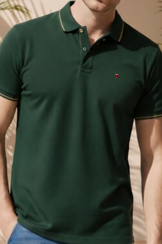 Image of Louis Philippe Men's Slim Fit Single-Tuck Pique Stylized Sleeve Print and Contrast Tipping Half Sleeve Solid Polo Tshirt