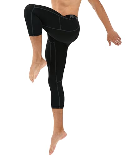 Roadbox Mens 3/4 Compression Pants with Pockets, 1/2 Pack Athletic Running Legging Tights, Workout Basketball Gym Base Layer3
