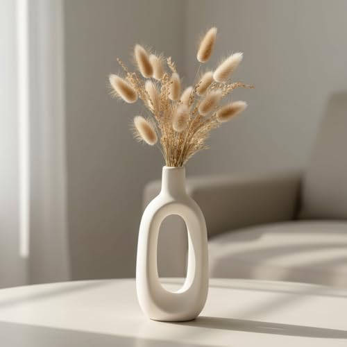 Image of PUREZENTO 'Kieko Vase' White Ceramic Vase 6 Inch (Pack of 1) | White Decorative Vase for Dried Flowers & Pampas Grass | Vases for Centerpiece Modern Home Decor, Living Room, Office Decor & Gifting