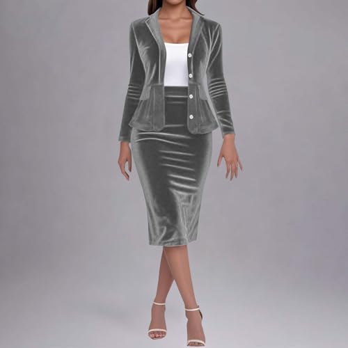 Women's Velvet 2 Piece Suit Skirt Set Long Sleeve Blazer Jacket Skirts Suits Office Formal Business Casual Outfits2
