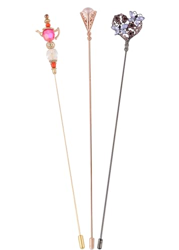 Image of Alilang Magic Lamp Pearl Lady Camo Rose Heart Rhinestones 3Pcs Vintage Long Handle Hat and Lapel Pins with Flexible Bendable Design