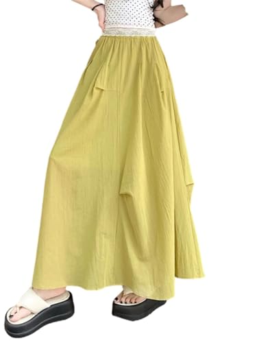 Pulcykp Women Summer Solid Pleated Midi Skirt Elastic Waist A-Line Umbrella Skirt Boho Beach Vacation Skirts2