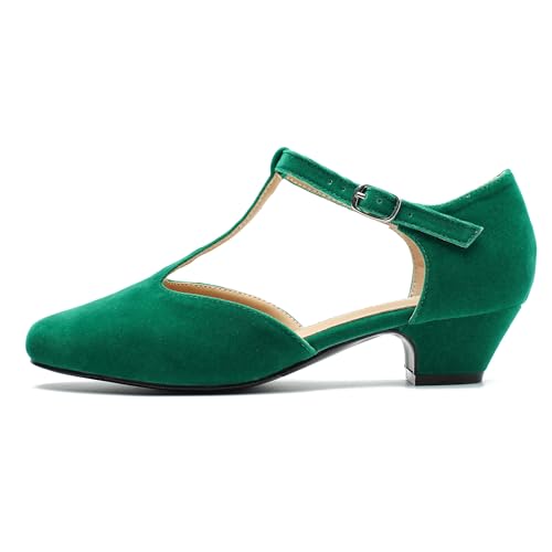 Image of MAIERNISI JESSI Women's T-Strap Mary Jane Pumps, Low Block Heel, Closed Toe, Buckle Ankle Strap