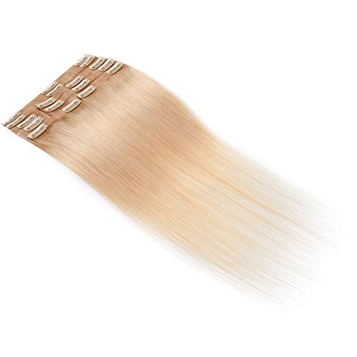 Hairro Seamless Clip In Hair Extensions Real Human Hair With Pu Tape Weft For Women 16 Inch Long Bleach Blonde Tape Weft Clip On Human Hairpieces Thin 8 Pcs 18 Clips #613 #TOP4