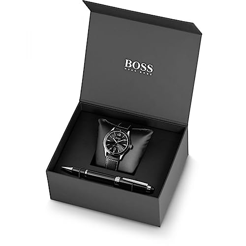 Image of BOSS Hugo Leather Drifter Analog Men's Watch - 1570125 (Black Dial Black Colored Strap)