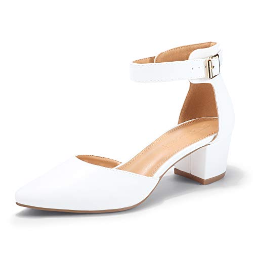 ShowHow Women's Low Block Heel Closed Pointed Toe D'Orsay Heeled Pumps Ankle Strap Dress Wedding Sandals Shoes White Pu…