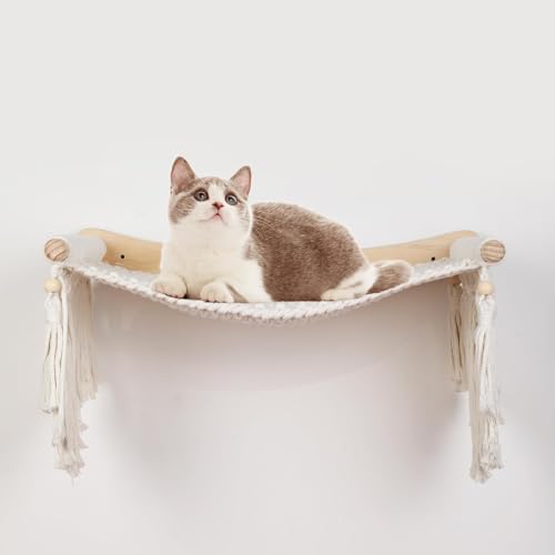 Makramee-Katzen-Wandregal & Hängematte - Gemütliche Katzenbetten mit Fensterplatz für Indoor-Spaß, Schlafen & Klettern, hält bis zu 13.6kg (Baumwollseil, Beige/Weiß - Baumwollseil)