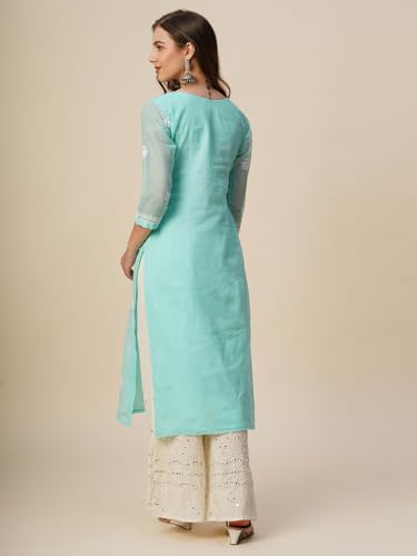 Image of RATAN Muga Cotton Straight Lucknowi Chikankari Ethnic Wear Kurta for Women