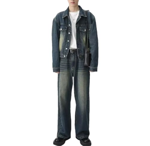 Ensemble jean homme coréen veste revers pantalon large droit décontracté