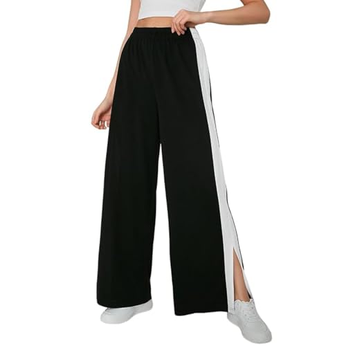 Image of Paralians Women Bottom Wear Side Seam Split Hem Polyester Sweatpants with Trendy Black and White Design Wide Leg Pants with Elegant and Relaxed Fit
