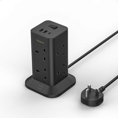 Tower Black Extension Lead with USB C Slots TESSAN 8 Way Multi Plug Extension Socket 2M Cable with Switch Surge Protected Power Strip for Home Office School Supplies