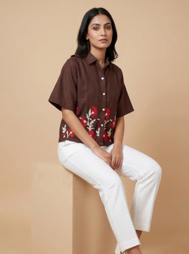 Image of Stylish Women's Embroidered Shirts | Geometric Pattern Half Sleeve Collared Button-Up Casual Shirt for Women