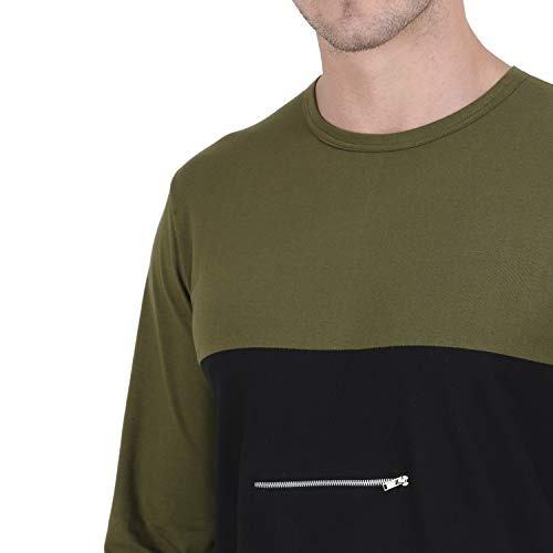 Image of Men Olive Green Black with Zip Detail Color Block Round Neck Cotton Full Sleeve T-Shirt