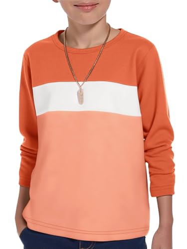 Haloumoning Boys Long Sleeve Shirts Kids Fashion Fall Tops Crewneck Color Block Tees 5-14Y Orange