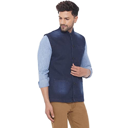 Image of JOHN PRIDE Men Regular Size Solid Navy Blue Denim Nehru Jacket (JPRNJ14003 Navy Blue)