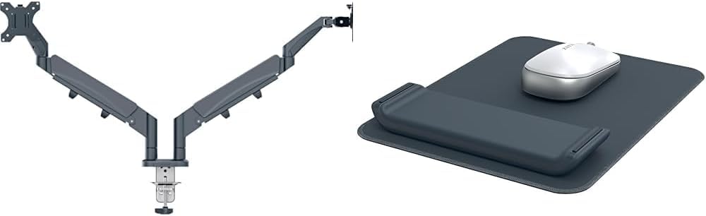 Leitz Ergo Set platzsparender Monitor-Arm + Mauspad mit Verstellbarer Handgelenkauflage, Halterung für 2 Monitore bis 32 Zoll & 9 kg, VESA 75/100, Flexibel höhenverstellbar, 65370089 + 65170089