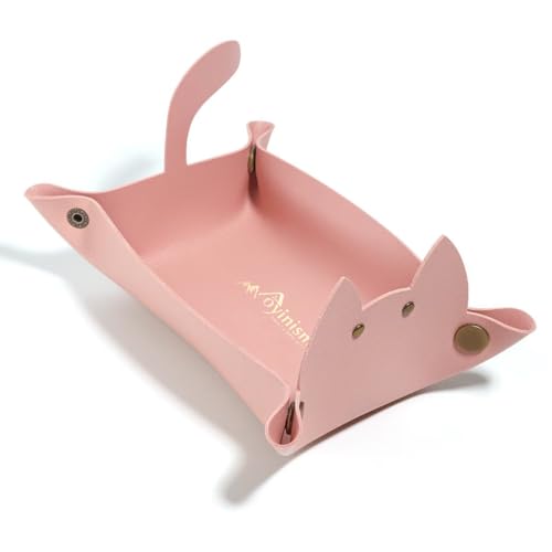 Aoyinism Cute Cat Shaped Leather Valet Tray,Cat Dice Tray,Premium Catchall Jewelry Tray, Folding Portable Travel Organizer,Decorative Desk Organizer for RPG Game Players, (Pink)