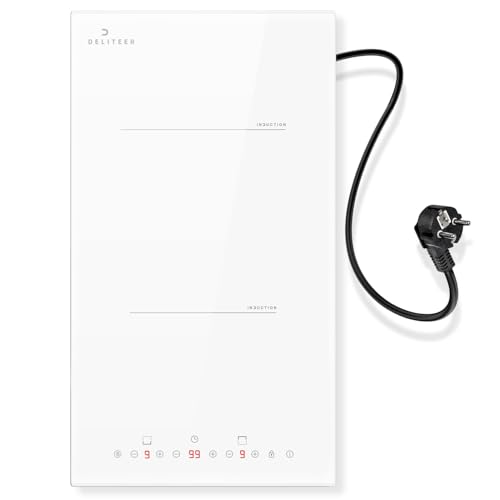 DELITEER Plaque Induction 2 Feux Blanch avec Prise, Table de Cuisson électrique Encastrable 30CM Deux Foyers, Contrôle Tactile Individuel, Boost, Verrouillage de...