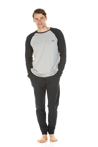 Haigman Men's Long Sleeve Cotton Rich Jersey PJ Set (UK, Alpha, XXL, Regular, Regular, Navy/Grey)